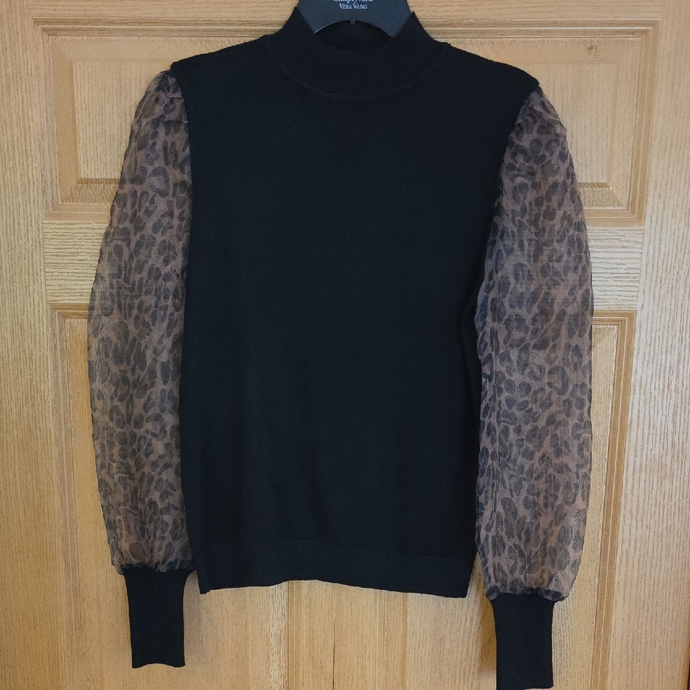 Sioni Black‎ and Brown Mock  Neck Puff Sleeve Sweater